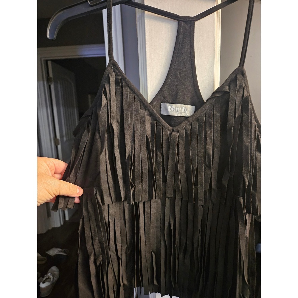 Festival Blue B Collection Black Faux Western Suede Fringe Boho  Cami Tank Top M